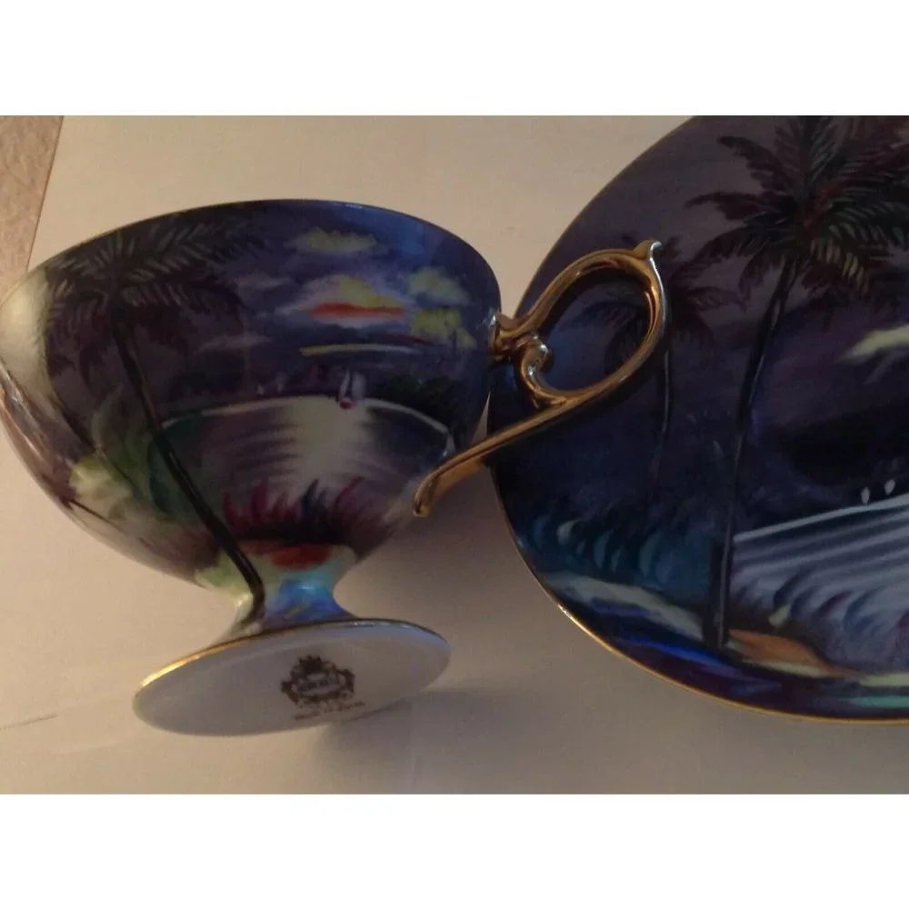 Norcrest Tropical Beach Scene Memory of Java Hand Painted Tea Cup Saucer Japan